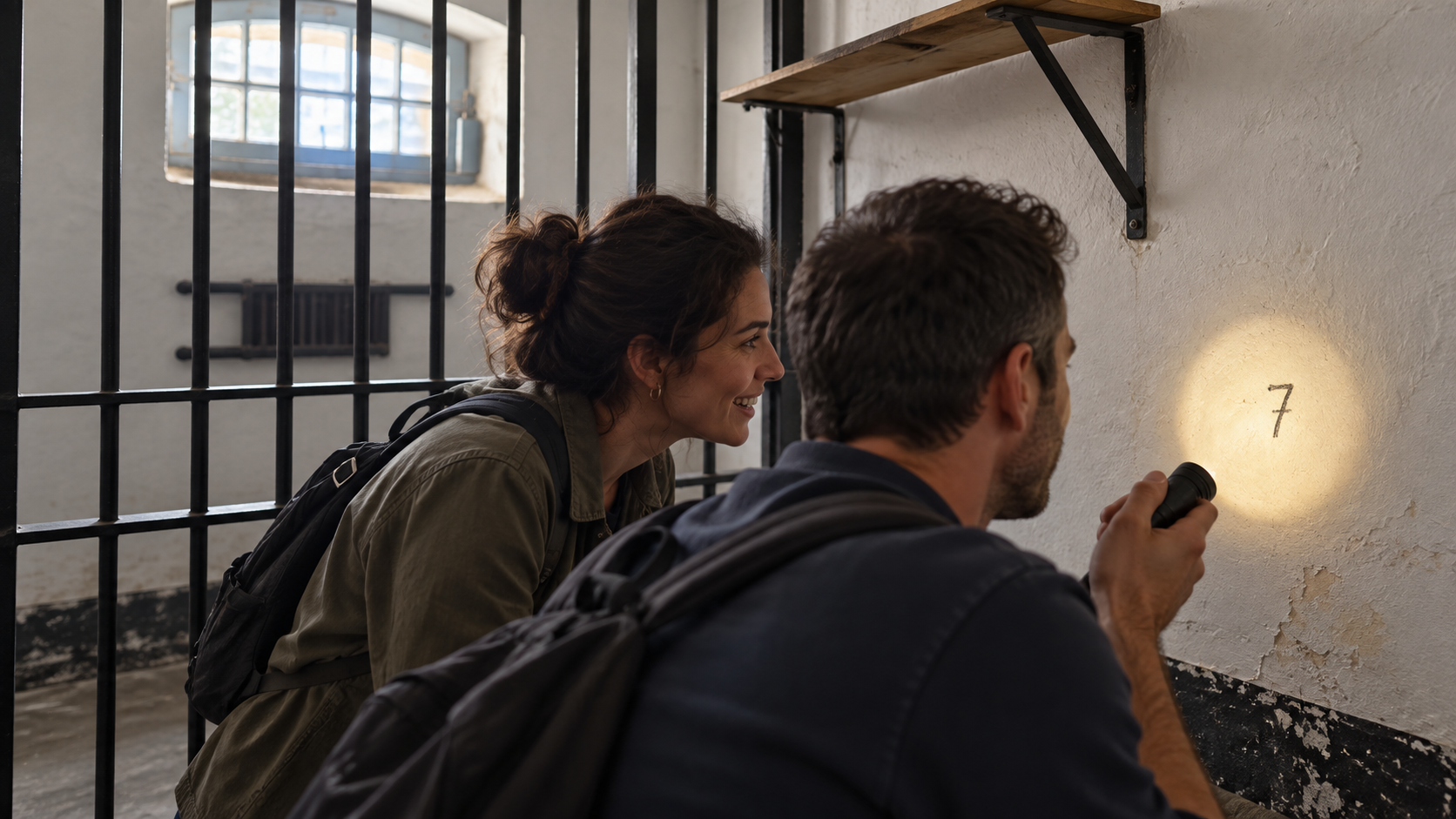 AI-assisted concept of two adult colleagues working together on a clue inside a Kordin prison cell