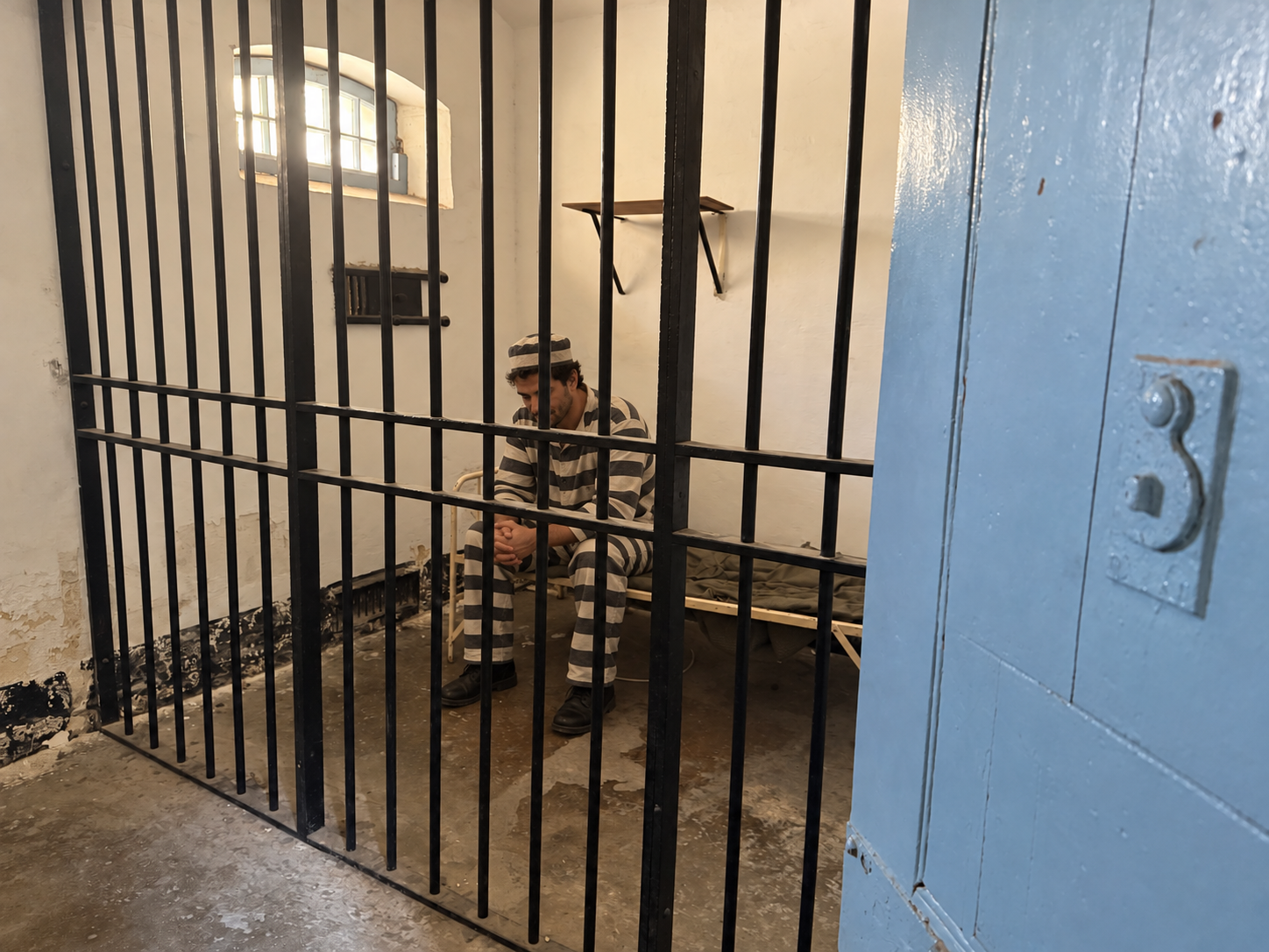 AI-edited photo-zone concept based on the Kordin cell: a fictional man in a striped prisoner costume sitting on an iron bunk behind the black bars, with the blue door retouched