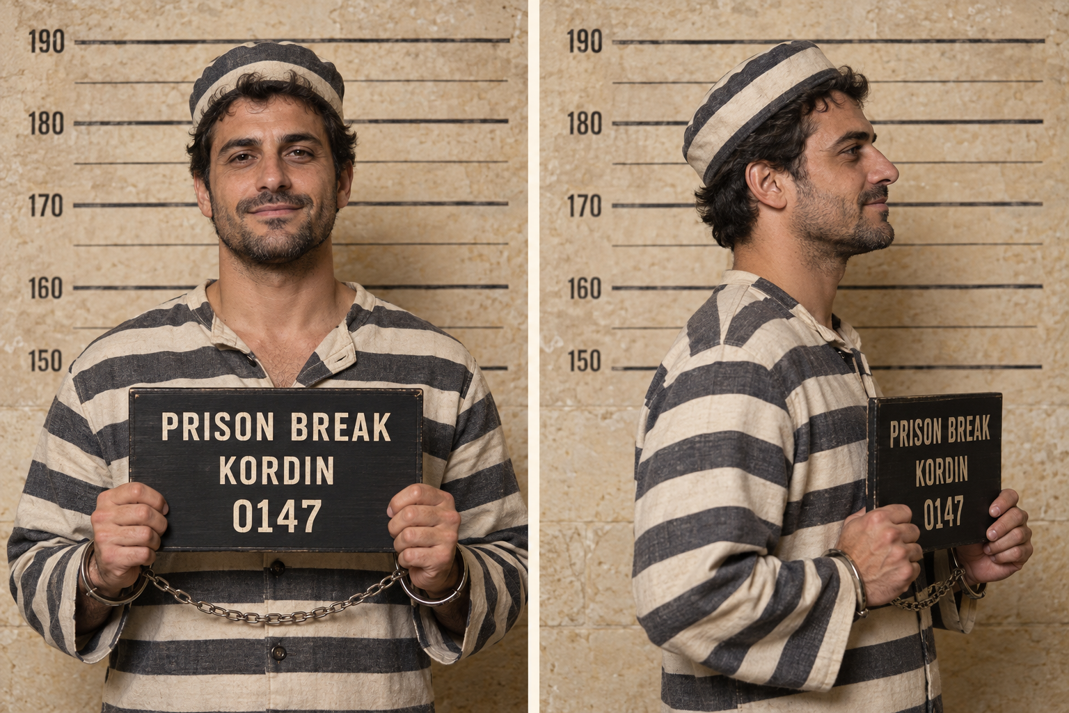AI-generated photo-zone concept: the same fictional adult in a striped prisoner costume, front and profile, holding a Prison Break Kordin placard numbered 0147 against a height-chart wall